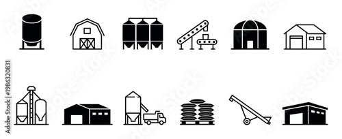 Collection of black and white agricultural storage icons depicting various farm buildings, silos, and processing equipment in a clean, modern outline style