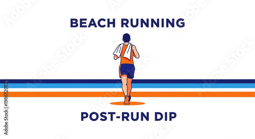 Beach Runner Heading Towards Post-Run Swim Depiction With Text And Colorful Horizontal Lines