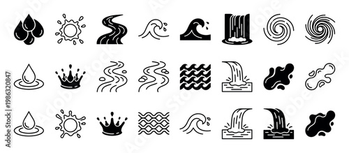 Diverse set of black and white water icons illustrates various liquid forms and movements, including drops, splashes, waves, rivers, and waterfalls, in a clean, minimalist graphic style