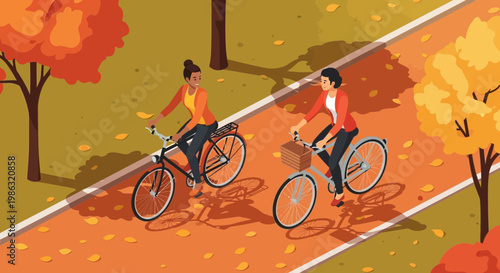 Autumn Ride Shared by Two: A Warm Fall Scene with Colorful Foliage and Bicycles