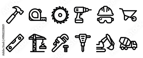Collection of various construction tools and equipment icons, depicted as clean, minimalist black outline symbols on a white field, conveying industry and building concepts