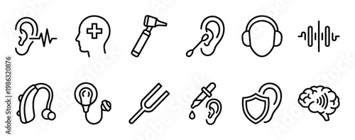 Twelve black outline hearing and audiology icons illustrate various aspects of ear health, sound, and medical care in a clean, modern line art style
