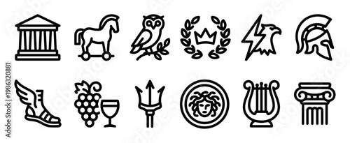Twelve black outline icons depicting ancient Greek mythology and culture symbols are neatly arranged in two rows, showcasing historical and legendary elements with a simple, modern aesthetic