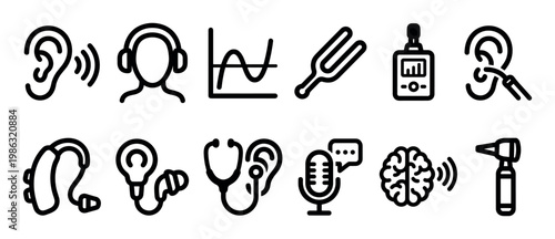 Collection of black outline audiology and hearing icons representing various aspects of sound, ear health, and communication, presented in a clean, modern vector style