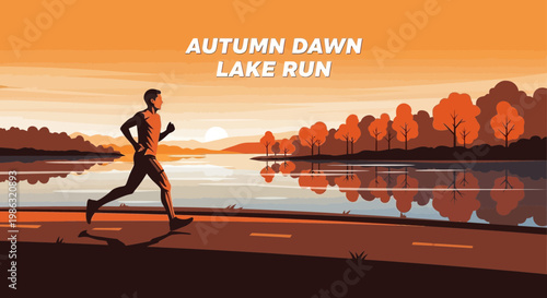 Autumn Run by Lake at Dawn Perfect for Sports and Fitness Illustrations