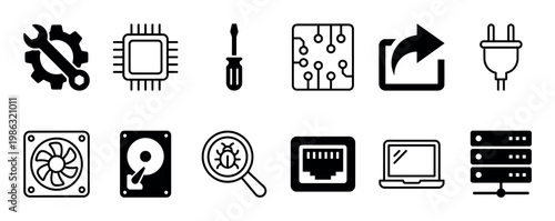 Comprehensive set of black computer technology icons, depicting essential hardware, software, and networking components in a clean, modern, and easily recognizable flat design style