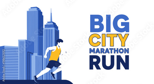 Big City Marathon Run Illustration, Featuring a Runner and Urban Landscape Design