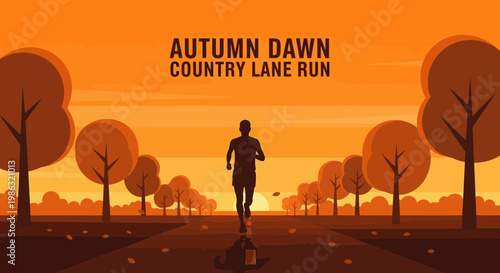 Autumn Solitude Running: Silhouette Of a Runner Amidst the Orange Country Lane