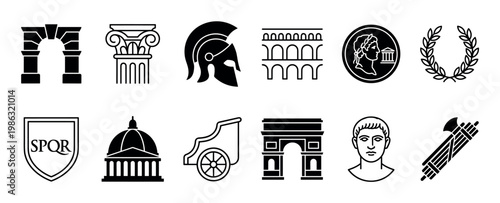 This collection of black silhouette Roman icons features ancient architectural elements, historical symbols, and classical figures, presented in a minimalist, flat design style