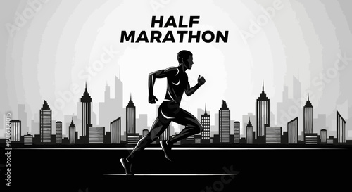 Athletic Runner In Silhouette Against Cityscape Background For Half Marathon Race Event