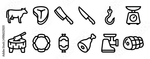 Collection of black outline butchery and meat icons representing various cuts, tools, and products, presented in a clean, modern, and simple graphic style