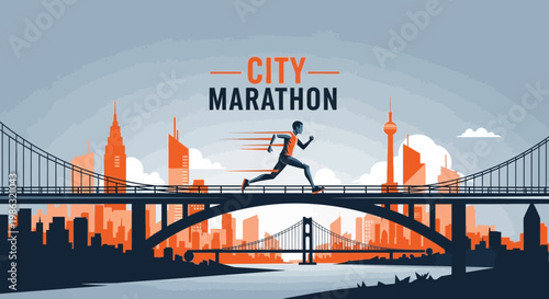 Athletic Runner Over City Bridge Captures Marathon Spirit