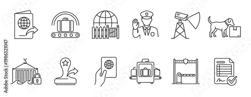 Twelve black outline line art icons illustrate various customs, immigration, and border control procedures with a clear, minimalist style