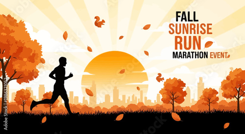 Autumn Sunrise Run Marathon Event Illustration Depicting Healthy Lifestyle and Energetic Exercise