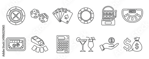 Comprehensive collection of outline casino and gambling icons, including roulette, dice, cards, slot machines, chips, and money, presented in a clean, modern vector style