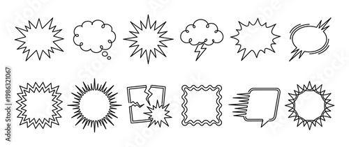 Collection of various hand-drawn comic speech bubbles and explosion shapes, rendered in a bold black outline style, conveying energy and expression