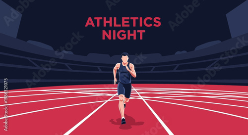 Athletic Runner Pounding the Track During Evening Athletics Competition In Stadium