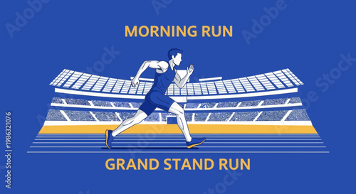 Athletic Runner Performing Jogging At The Stadium In Early Morning Sunlight Exercise Scene