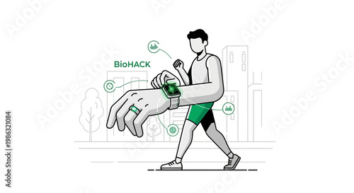 Biohacking Illustration Depicting Health Tracking With Futuristic Device and Data Analysis