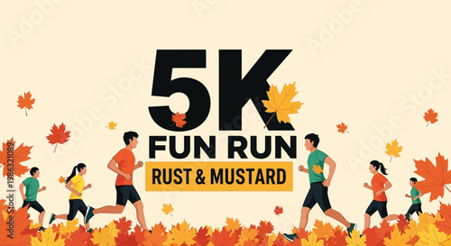 Autumnal 5K Fun Run Event Rust and Mustard Seasonally Themed Graphic Illustration