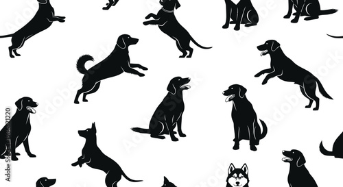 Black Dog Silhouettes Repeat Pattern with Various Poses on White Background