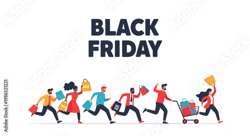 Black Friday Rush Illustration of Shoppers Racing for Sales in Retail Outlets or Shops