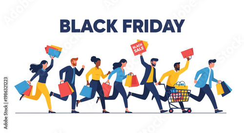 Black Friday Frenzy Shoppers Running with Shopping Bags and Cart