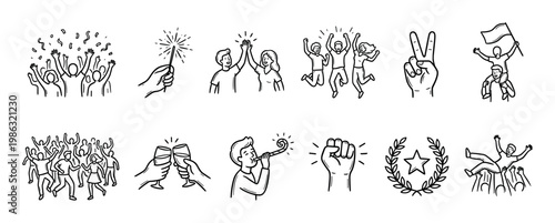Collection of hand-drawn celebration and success icons depicting joyful people cheering, high-fiving, jumping, toasting, and showing triumphant gestures in a simple doodle style