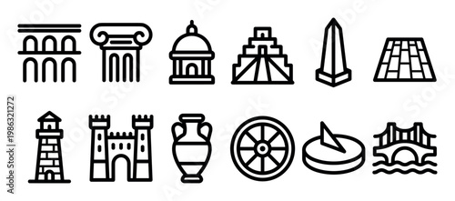Collection of diverse historical and architectural outline icons is neatly arranged in two rows, showcasing ancient structures, landmarks, and artifacts with a clean, modern, minimalist aesthetic