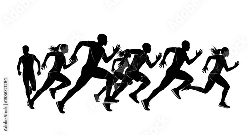 Athletic Runners Silhouetted Against White Background Depicting Pursuit Of Movement