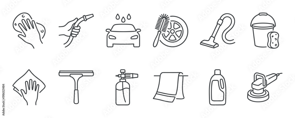 Fototapeta premium These car wash and detailing outline icons display essential tools and actions for vehicle cleaning, including washing, spraying, brushing, vacuuming, and polishing, shown in a modern line art style