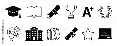These twelve distinct education and achievement icons are rendered in a clean, modern black and white style, representing symbols of learning, success, and academic excellence