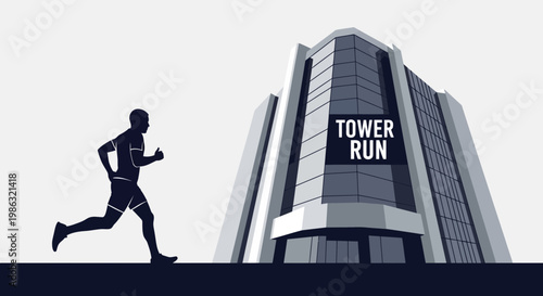 Athletic Silhouette Races Alongside a Tower Building During an Urban Competitive Run