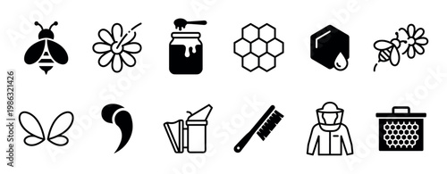 Comprehensive set of black and white beekeeping icons, featuring bees, honey, honeycomb, flowers, and essential apiary tools, presented in a clean, modern, and illustrative style