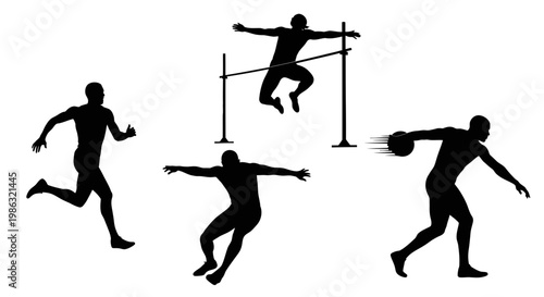 Athletic Silhouettes Capturing Sprinting, Jumping, and Throwing Dynamics in Monochrome Style