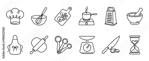 Collection of twelve simple line art cooking and kitchen tools are neatly arranged, showcasing essential culinary equipment in a clean, minimalist style