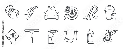 These car wash and detailing outline icons display essential tools and actions for vehicle cleaning, including washing, spraying, brushing, vacuuming, and polishing, shown in a modern line art style