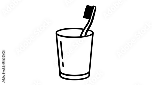 Minimalist Toothbrush in a Glass Holder Vector Icon Illustration. Clean Black and White Line Art for Bathroom Hygiene, Dental Care, and Oral Health. Scalable Flat Design for Web and Print.