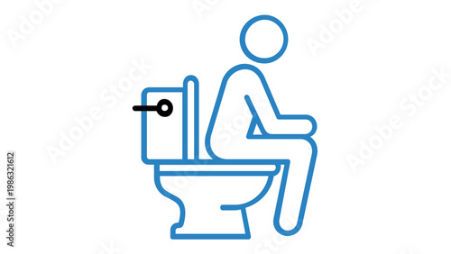 Minimalist blue line vector icon illustration of a person sitting on a toilet bowl in a bathroom, symbolizing hygiene, sanitation, restroom facilities, and plumbing fixtures for web design.