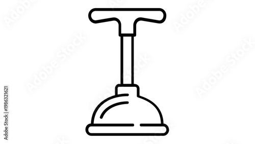 Minimalist black and white line vector icon illustration of a bathroom plunger tool for plumbing maintenance and drain cleaning, isolated on white background for professional graphic design.