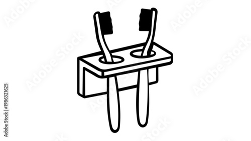 Minimalist toothbrush holder vector icon illustration featuring two toothbrushes in a wall-mounted rack, ideal for bathroom interior design, dental hygiene, and home organization concepts.
