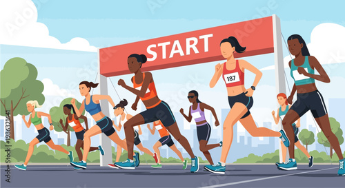 Athletic Women Sprinting from the Starting Line for the Marathon Endurance Race Competition