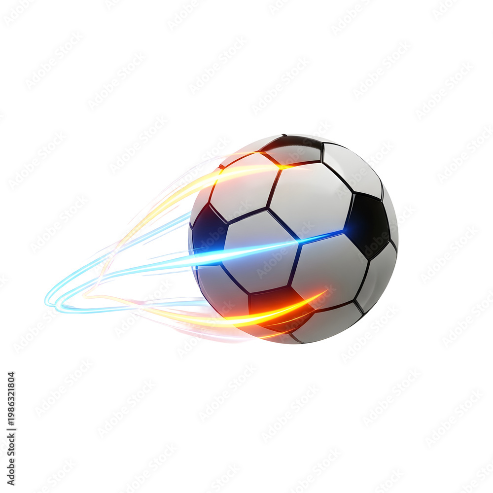 Fototapeta premium Dynamic soccer ball with energetic blue and orange light trails depicting fast motion football movement
