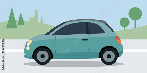 A teal-colored car drives on a road through a serene natural landscape with trees and hills