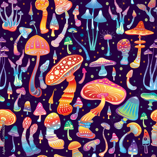 Seamless Psychedelic Mushroom Pattern Colorful Fantasy Vector Background