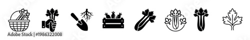 Various black and white gardening and harvesting icons are neatly displayed, illustrating fresh vegetables like celery and carrots, alongside tools for cultivation and collection in a clean