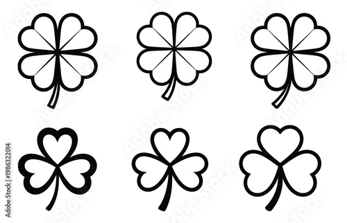 Clover leaves heart shapes set, green shamrock leaf heart design collection, luck charm and romantic symbol concept, botanical decoration and festive seasonal vector