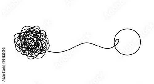 A tangle of black lines forming a ball with a single line leading to a circle