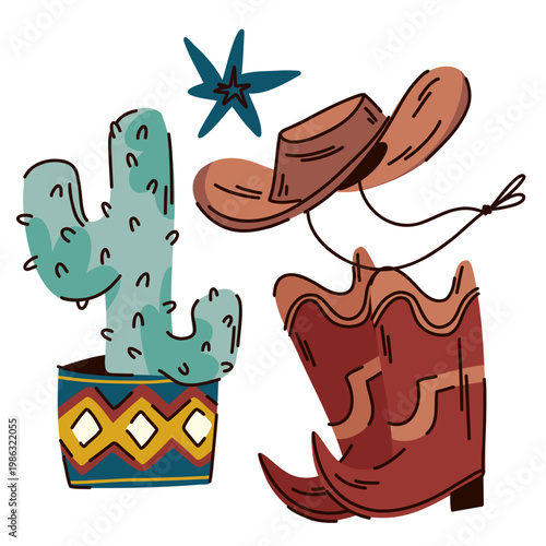 Wild West set, cowboy boots and hat with a stylish cactus in a painted pot, clothing items for tourism and entertainment