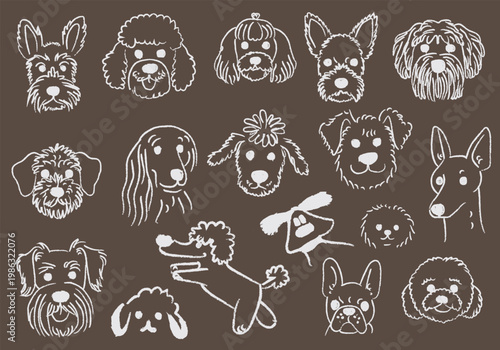 Hand drawn dogs set scribble chalk or charcoal style. funny puppy whimsical grunge charcoal art for tshirt print, placard, poster or stickers.